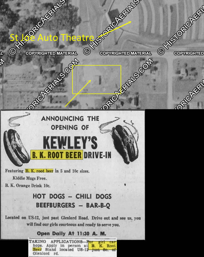 Shorts Drive-In (B&K Root Beer, Allens Root Beer, B-K Root Beer, BK Root Beer) - May 1955 Ad For St Joseph And Aerial Photo